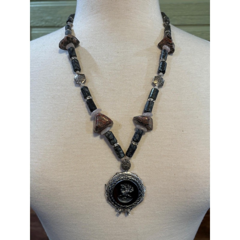 Vintage Beaded Long Cameo Pendant Necklace Mixed Natural Stone Statement